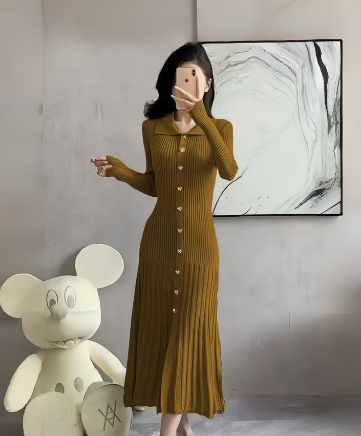Brown ribbed knit midi dress with button front and long fitted sleeves