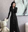 Button-Front Ribbed Knit Midi Dress with Long Sleeves and Pleated Hem Design