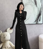 Button-Front Ribbed Knit Midi Dress with Long Sleeves and Pleated Hem Design
