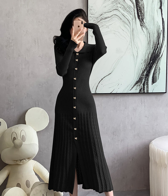 Black ribbed knit midi dress with button front and long fitted sleeves
