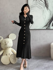 Button-Front Ribbed Knit Midi Dress with Long Sleeves and Pleated Hem Design