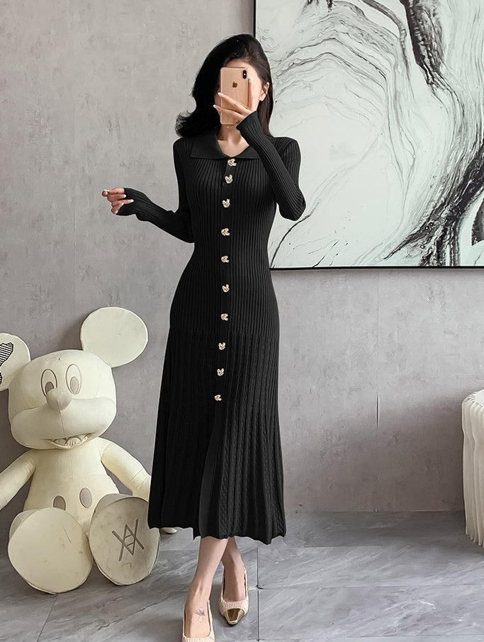 Black ribbed knit midi dress with button front and long sleeves