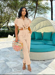 Short-Sleeve Knot Blouse with Relaxed Trousers Twin Set