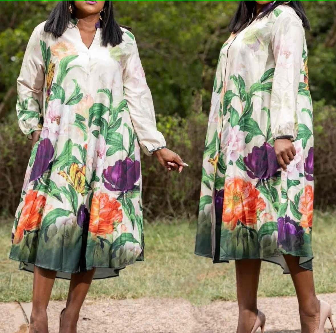 Floral V-neck A-line midi dress with puff sleeves, white base and green pink orange print