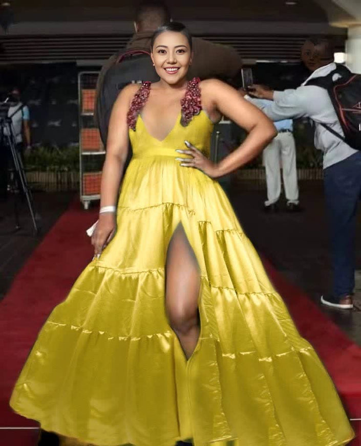 Yellow deep V evening maxi dress with embellished lace straps and high side slit.