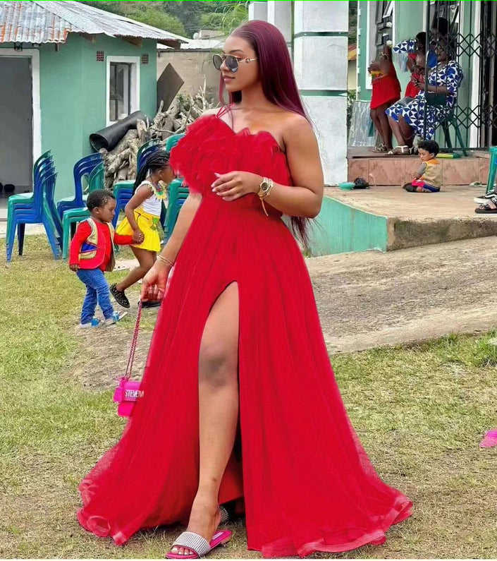 High-slit evening maxi dress in red with ruffled sleeveless bodice