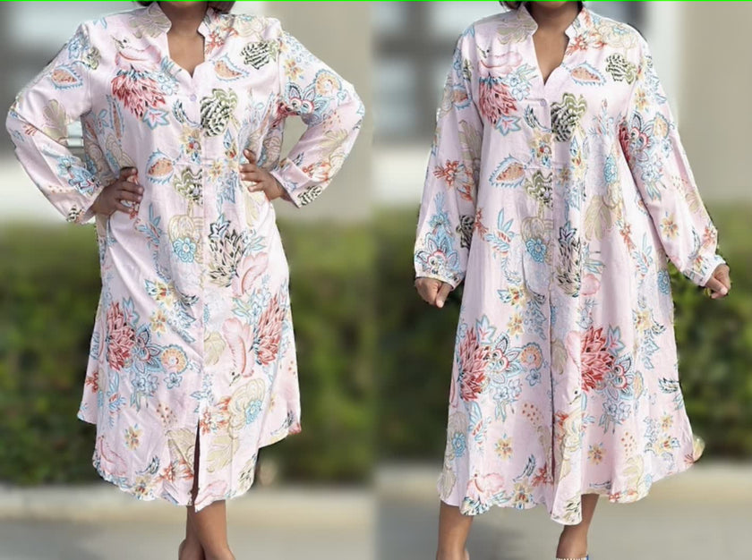 Floral print midi dress with puff sleeves, V-neck, and gathered waist