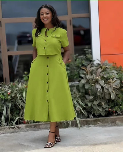 Green-yellow collared button-front waist-fit midi dress with pockets, short sleeves