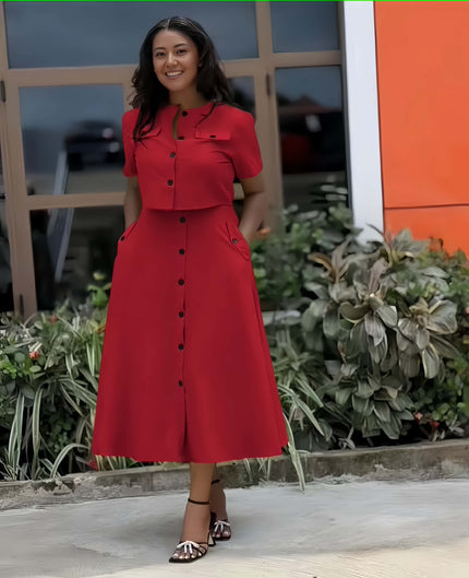 Red collared button-front waist-fit midi dress with pockets, short sleeves
