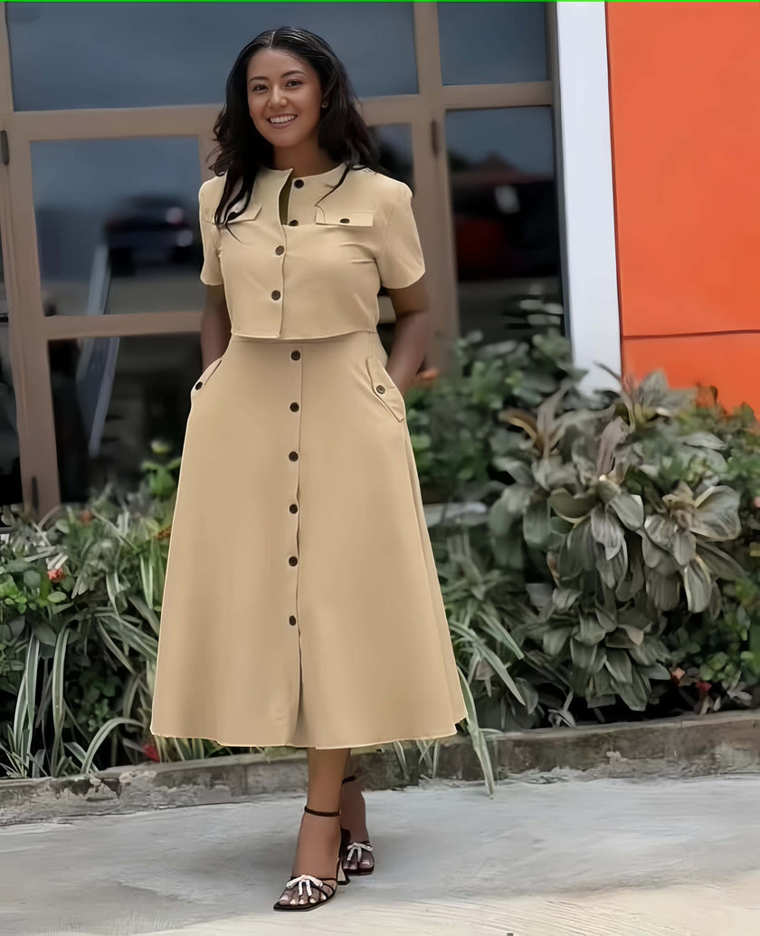 Beige collared button-front waist-fit midi dress with pockets, short sleeves