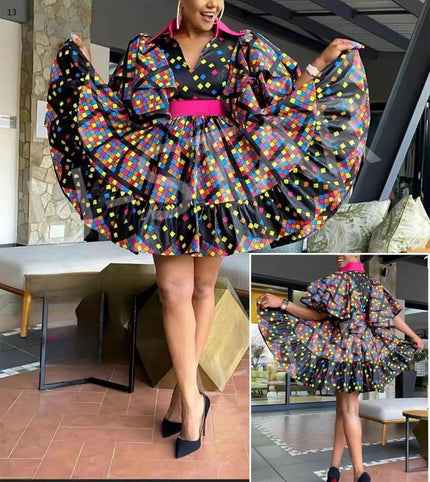 Multicolor puff-sleeve mini dress with V-neck and gathered skirt