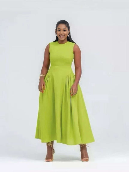 Yellow-green sleeveless maxi dress with pleated waist, round neckline and full skirt