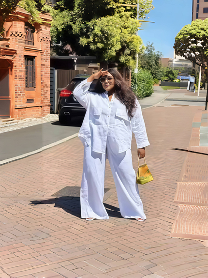 White utility shirt and wide-leg pants set with chest pockets, button-front