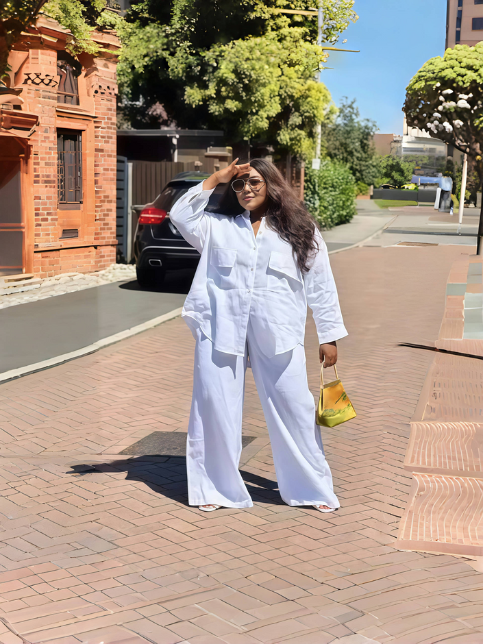 White utility shirt and wide-leg pant set with button front and drawstring waist