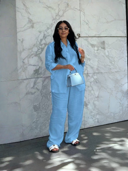 Sky-blue utility shirt and wide-leg pants set with chest pockets, button-front