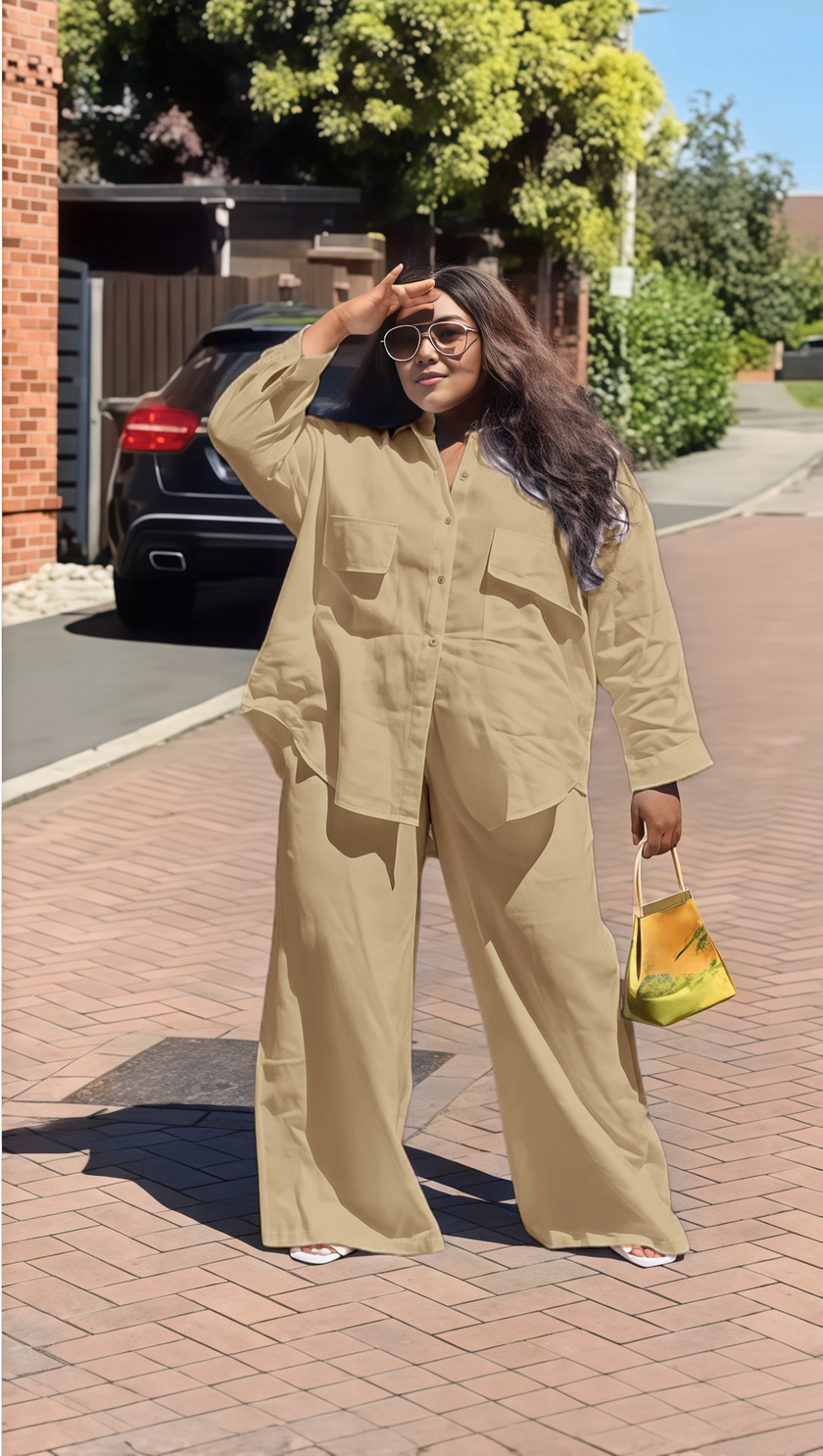 Nude utility shirt and wide-leg pant set with button front and drawstring waist