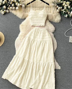 Pleated maxi skirt set in cream with smocked cami top and tiered maxi skirt