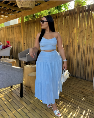 Pleated maxi skirt set in sky blue with smocked cami top and tiered skirt