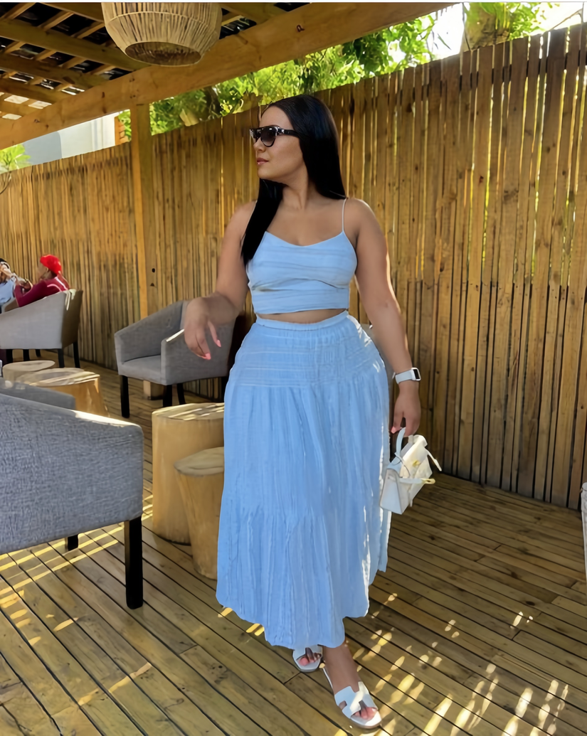 Pleated maxi skirt set in sky blue with smocked cami top and tiered skirt