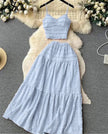 Pleated maxi skirt set in light blue with smocked cami top and tiered maxi skirt