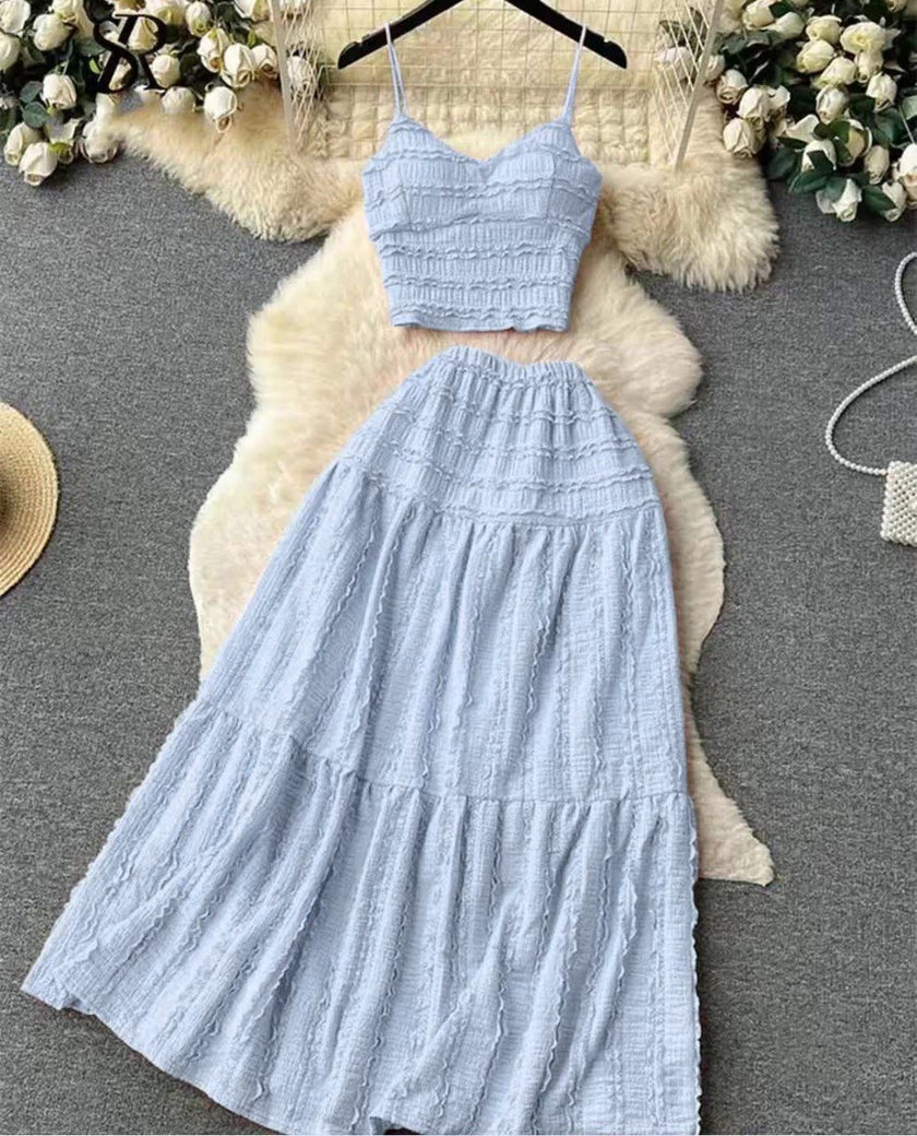 Pleated maxi skirt set in light blue with smocked cami top and tiered maxi skirt