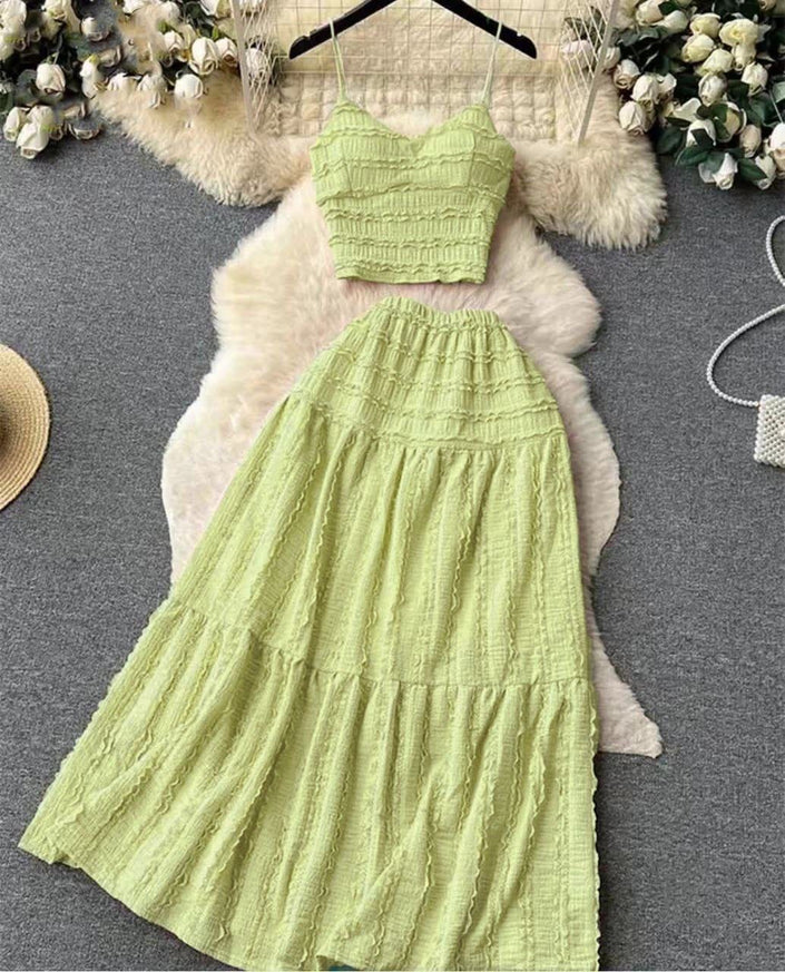 Pleated maxi skirt set in light green with smocked cami top and tiered maxi skirt