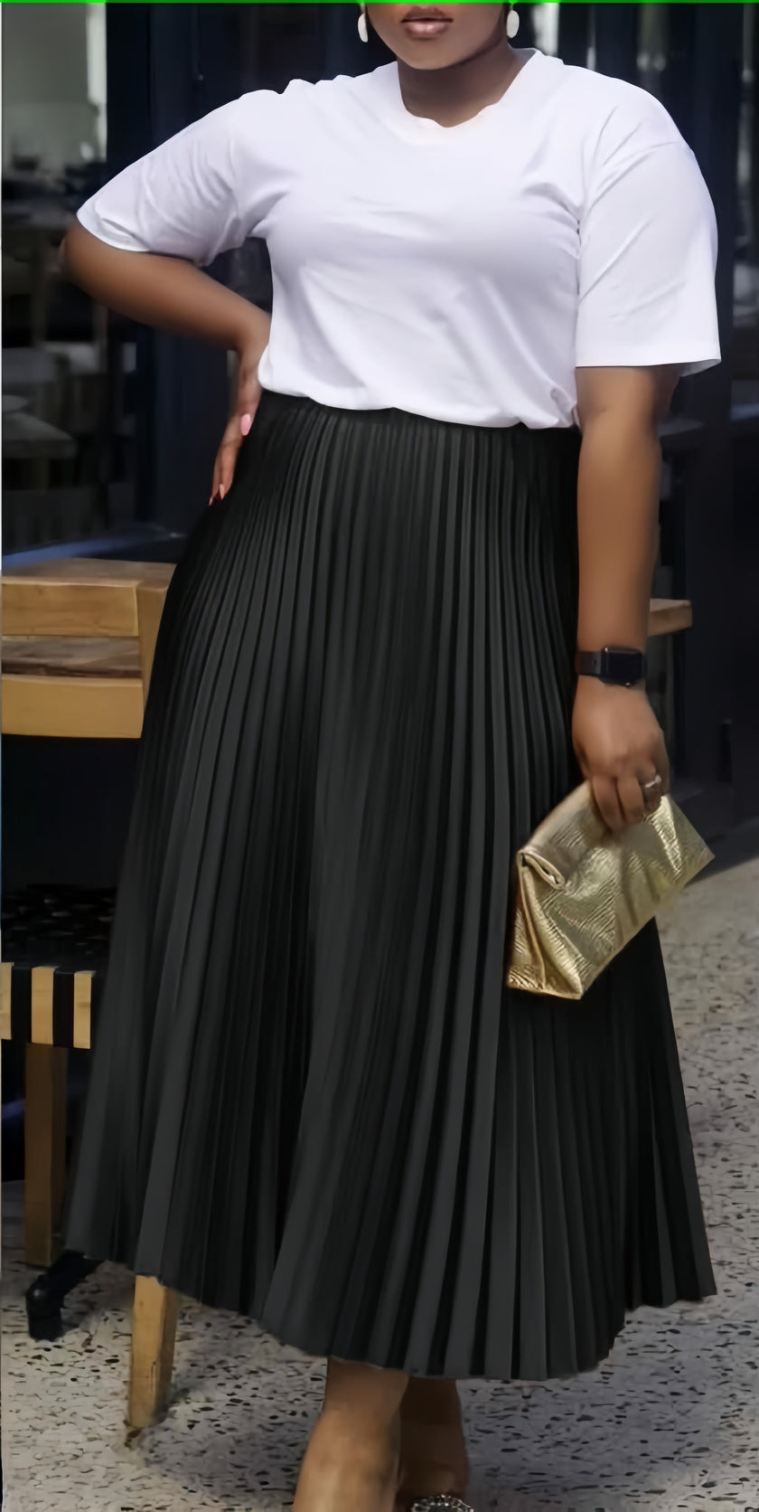 Black pleated midi skirt with stretch waistband