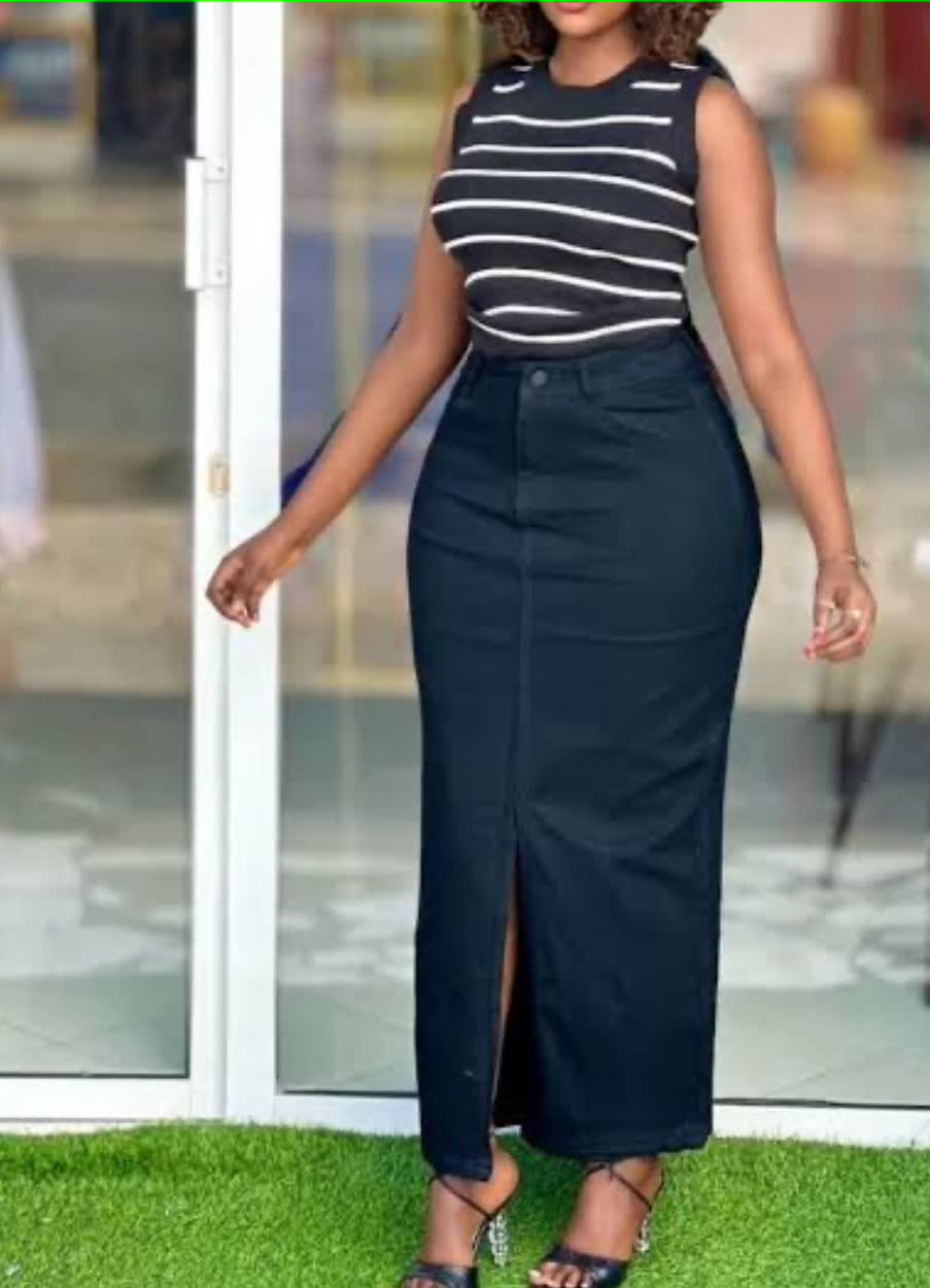 Dark navy belted high-waist pencil skirt with front slit