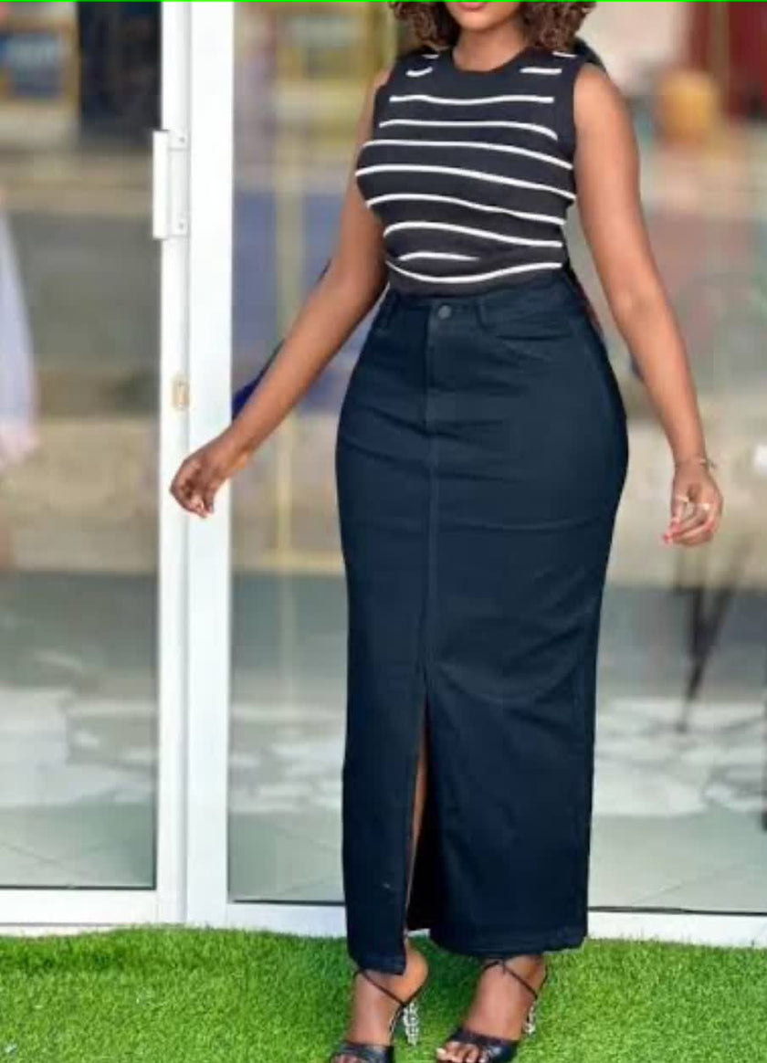 Dark navy belted high-waist pencil skirt with front slit