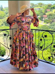 Floral puff-sleeve pleated skirt with gathered waist