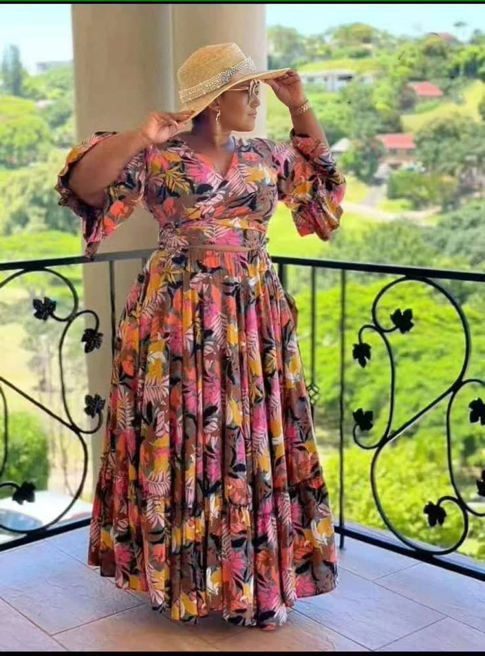 Floral puff-sleeve pleated skirt with gathered waist