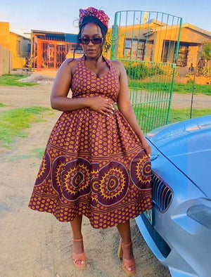 Maroon yellow African print halter neck traditional midi dress for women