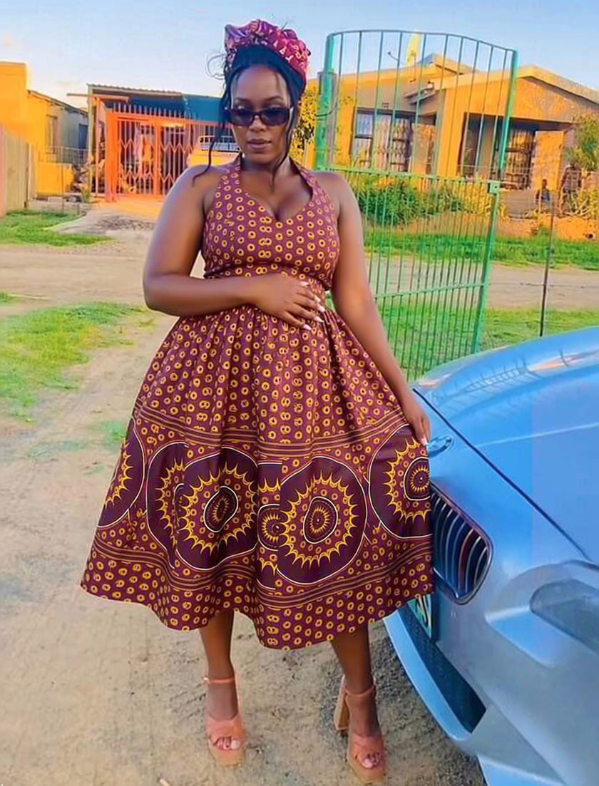Maroon yellow African print halter neck traditional midi dress for women