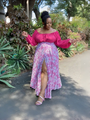 Floral Print High-Waist Slit Skirt with Ruffle Detail & Off-Shoulder Blouse Pair