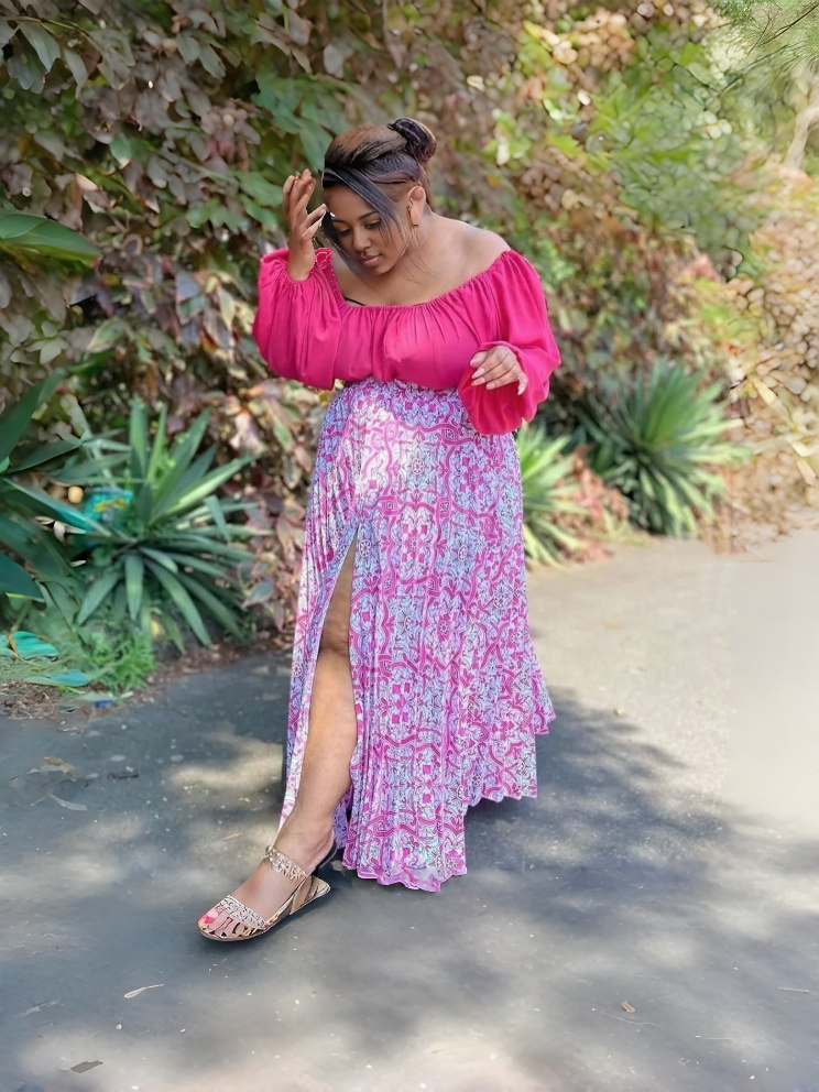 Floral off-shoulder twin set: pink peasant top with slit patterned maxi skirt