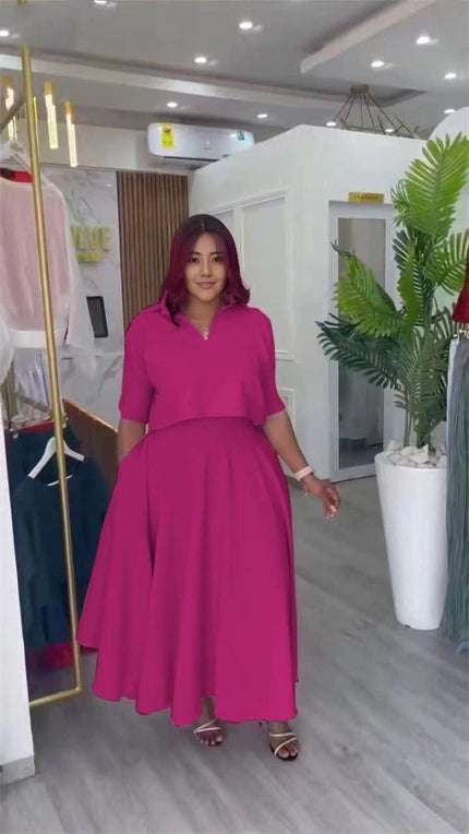 Deep-pink collared short-sleeve shirt and A-line skirt set with matching waist seam