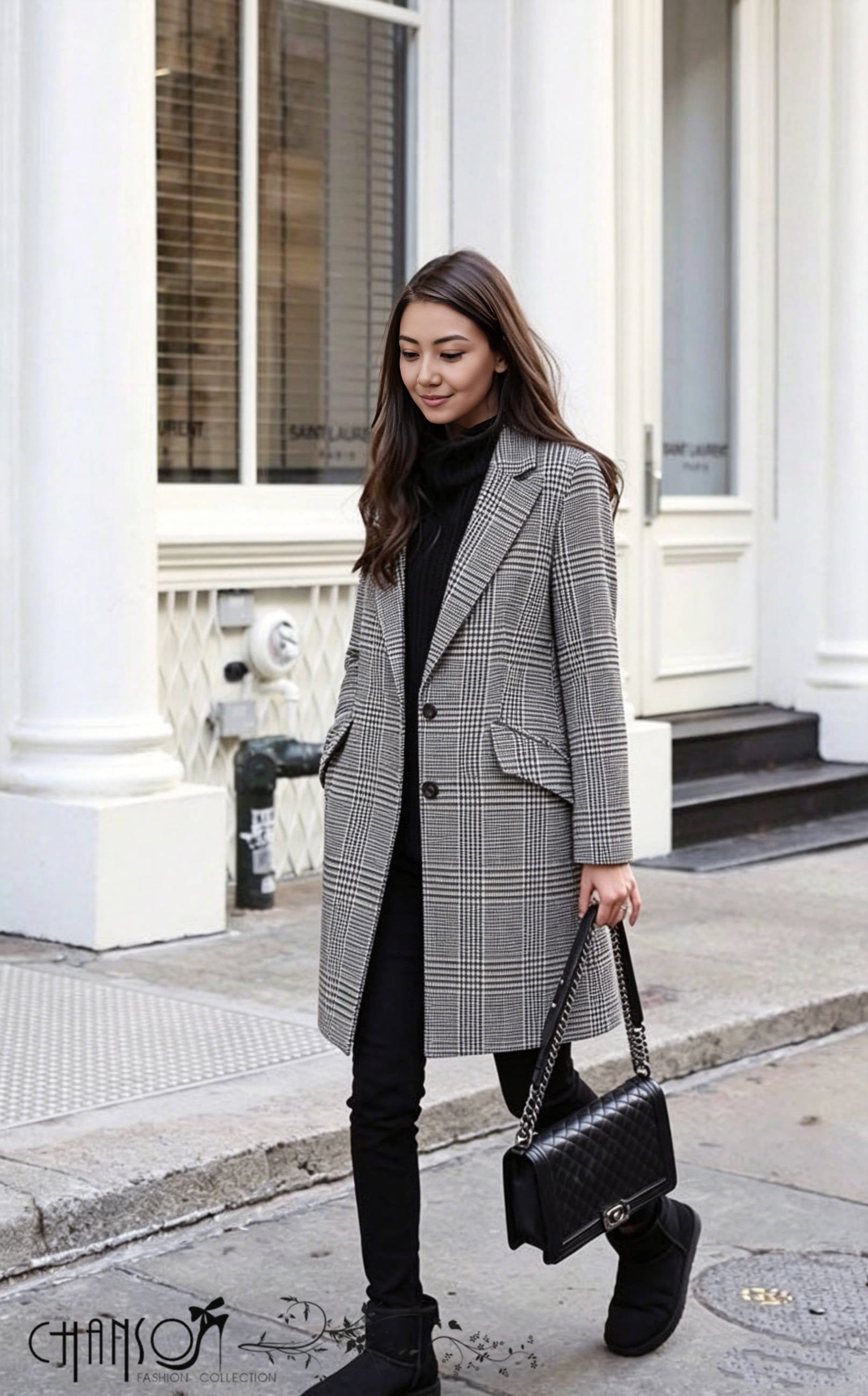 Checkered coat with lapels and button front, side pockets