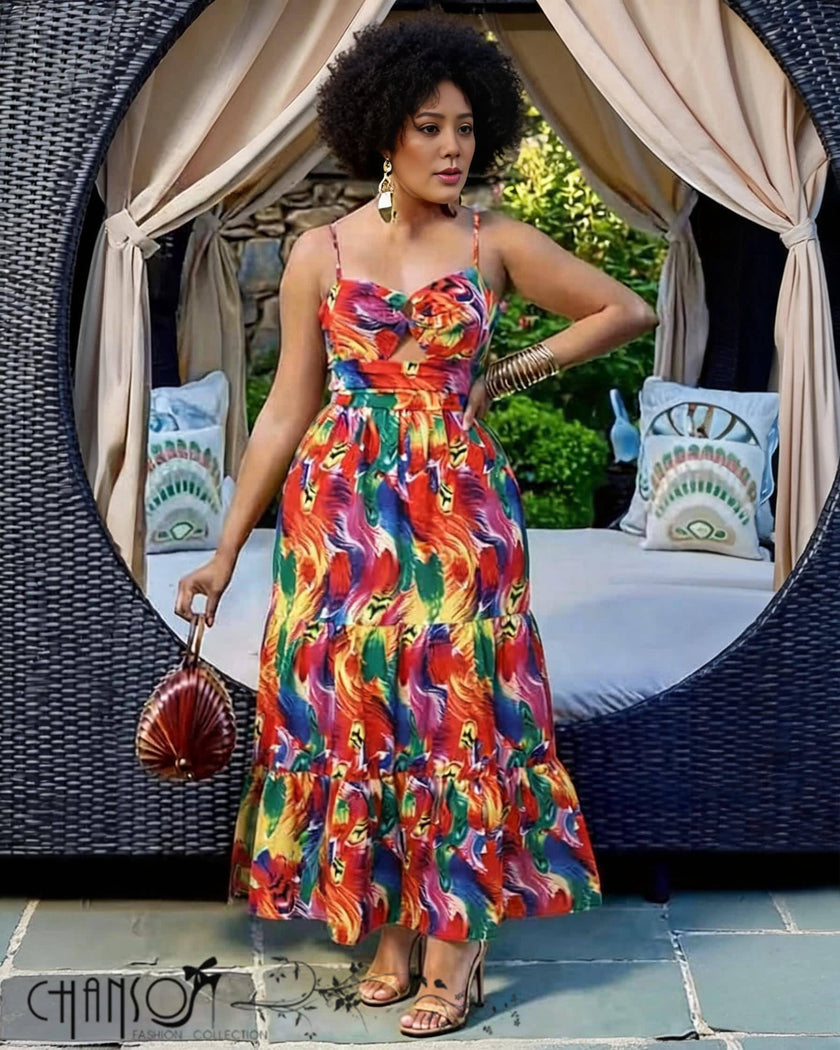 Vibrant abstract print cutout tiered women's maxi dress - view 2