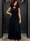 Ribbed knit A-line midi dress, sleeveless black with fitted bodice and flared hem