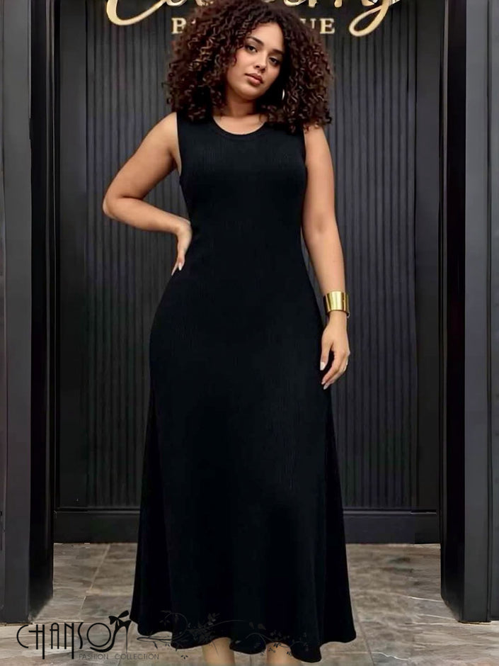 Ribbed knit A-line midi dress, sleeveless black with fitted bodice and flared hem