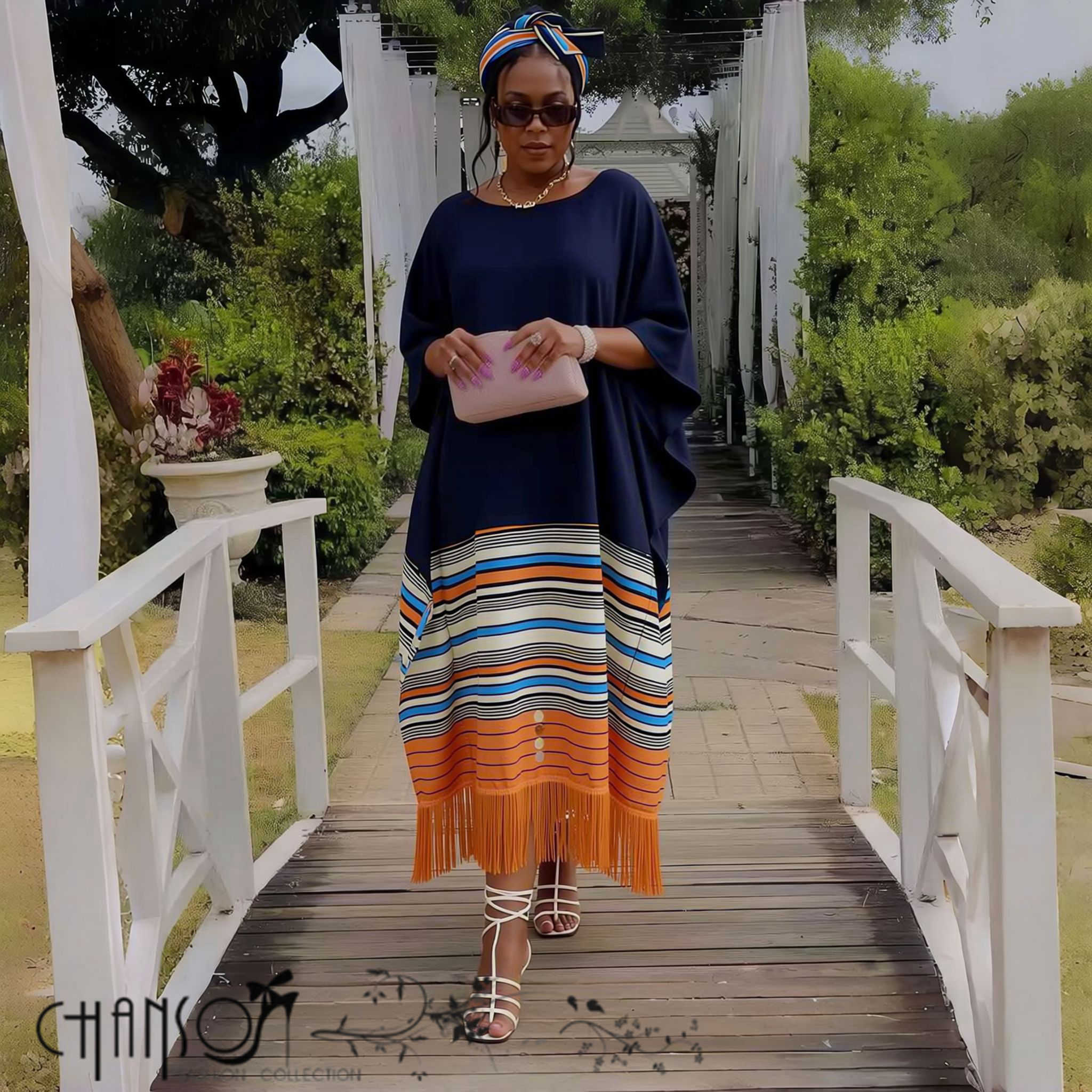 Fringe Midi Dress  Wide Sleeve Stripe Skirt