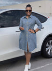 Oversized denim shirt dress with button front and center slit, frayed hem