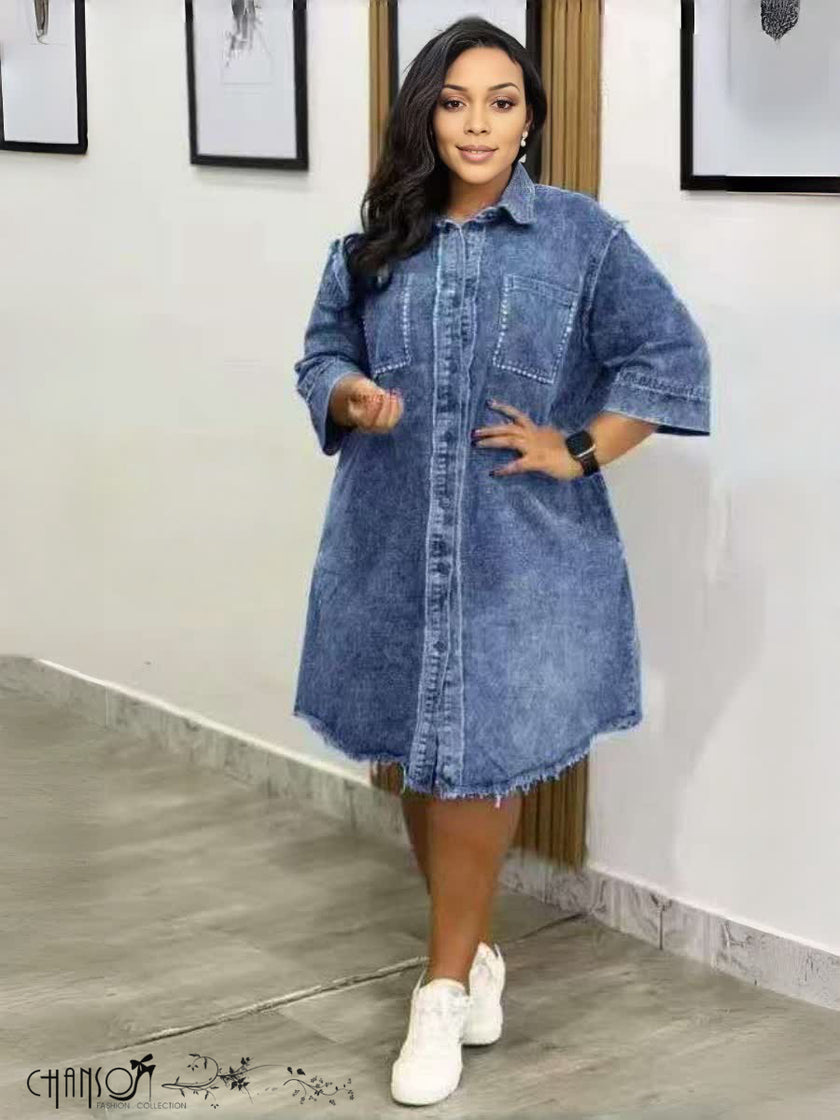 Oversized Shirt Denim Dress Three Quarter Pocket Frayed Hem Casual Daily Dress