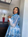 Plus size midi shirt dress, blue and white paisley print, collared with long sleeves