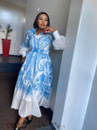 Plus size midi shirt dress, blue and white paisley print, collared front with waist tie
