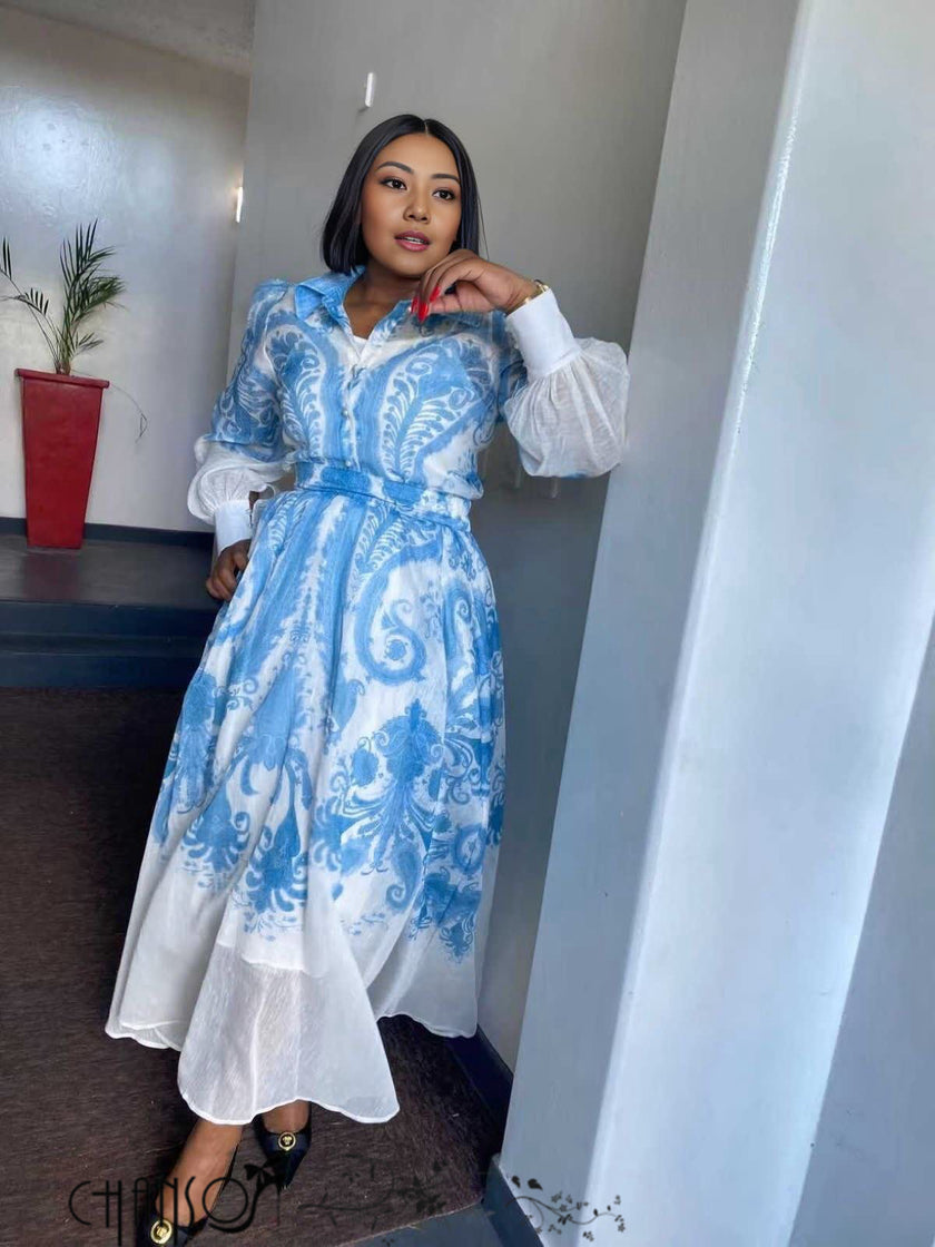 Plus size midi shirt dress, blue and white paisley print, collared front with waist tie