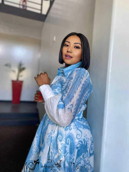 Plus size midi shirt dress, blue and white paisley print, collared with long sleeves