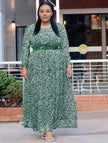 Plus size maxi dress with long sleeves, stretch waist, green speckled print