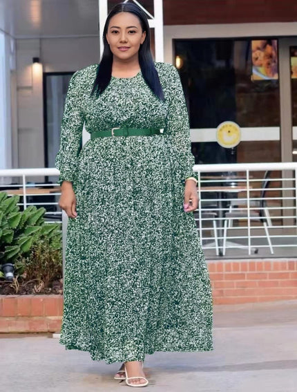 Green speckled plus-size maxi dress with long sleeves, round neck, belted waist