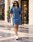Women's blue denim collared short-sleeve shift dress with front pockets